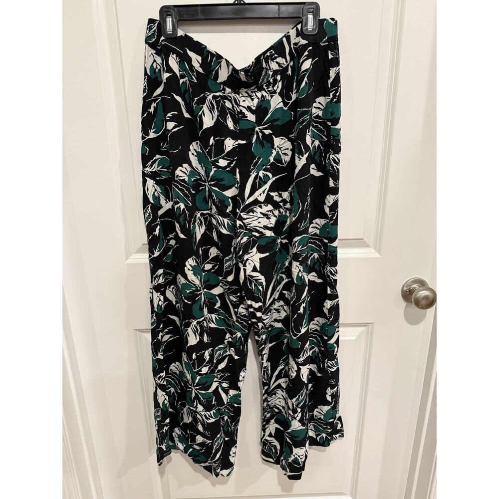 GAP Palazzo Pants Womens L Wide Leg Flowy Pull On Green Black Floral Womens